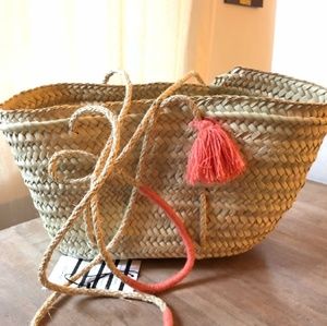 Sézane natural straw and neon yarn tote
